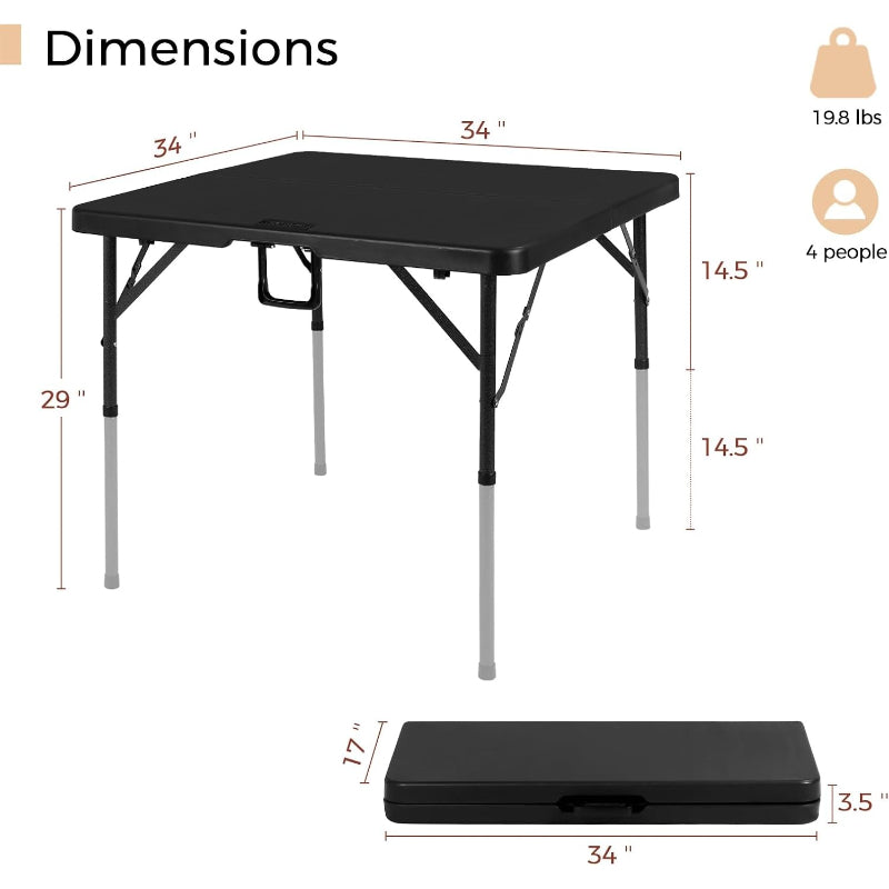 34‑Inch Square Adjustable‑Height Plastic Folding Card Table