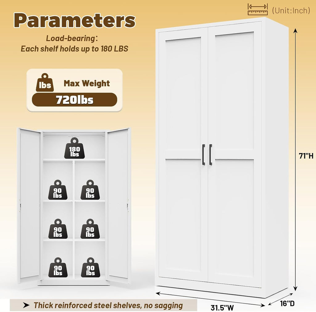 71‑Inch White Metal Tall Pantry Storage Cabinet