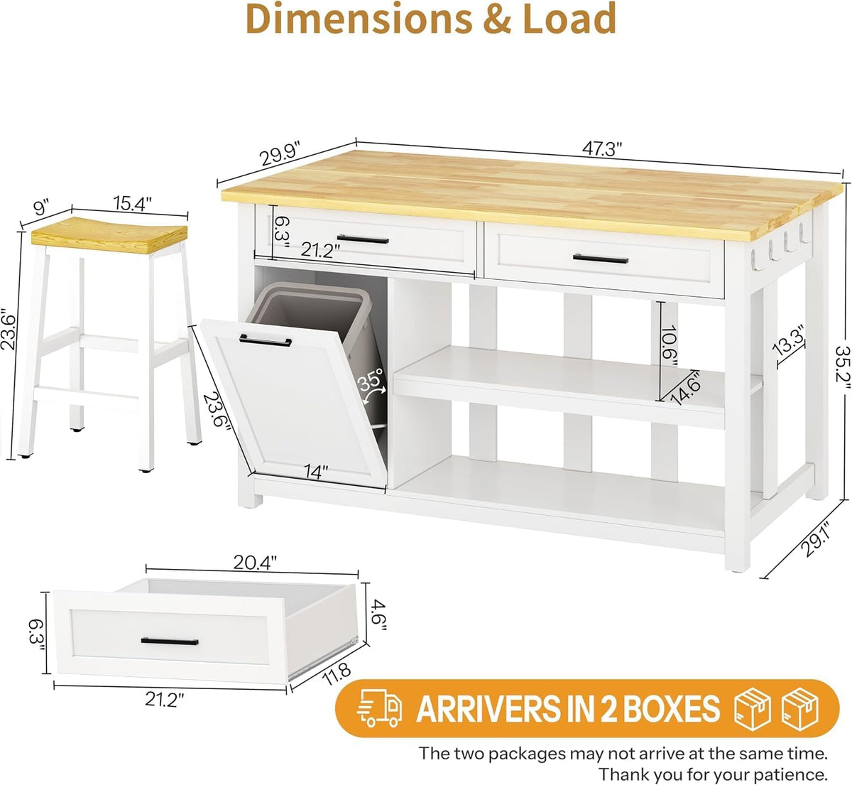 47‑Inch Solid Wood Kitchen Island with Storage & 2 Bar Stools