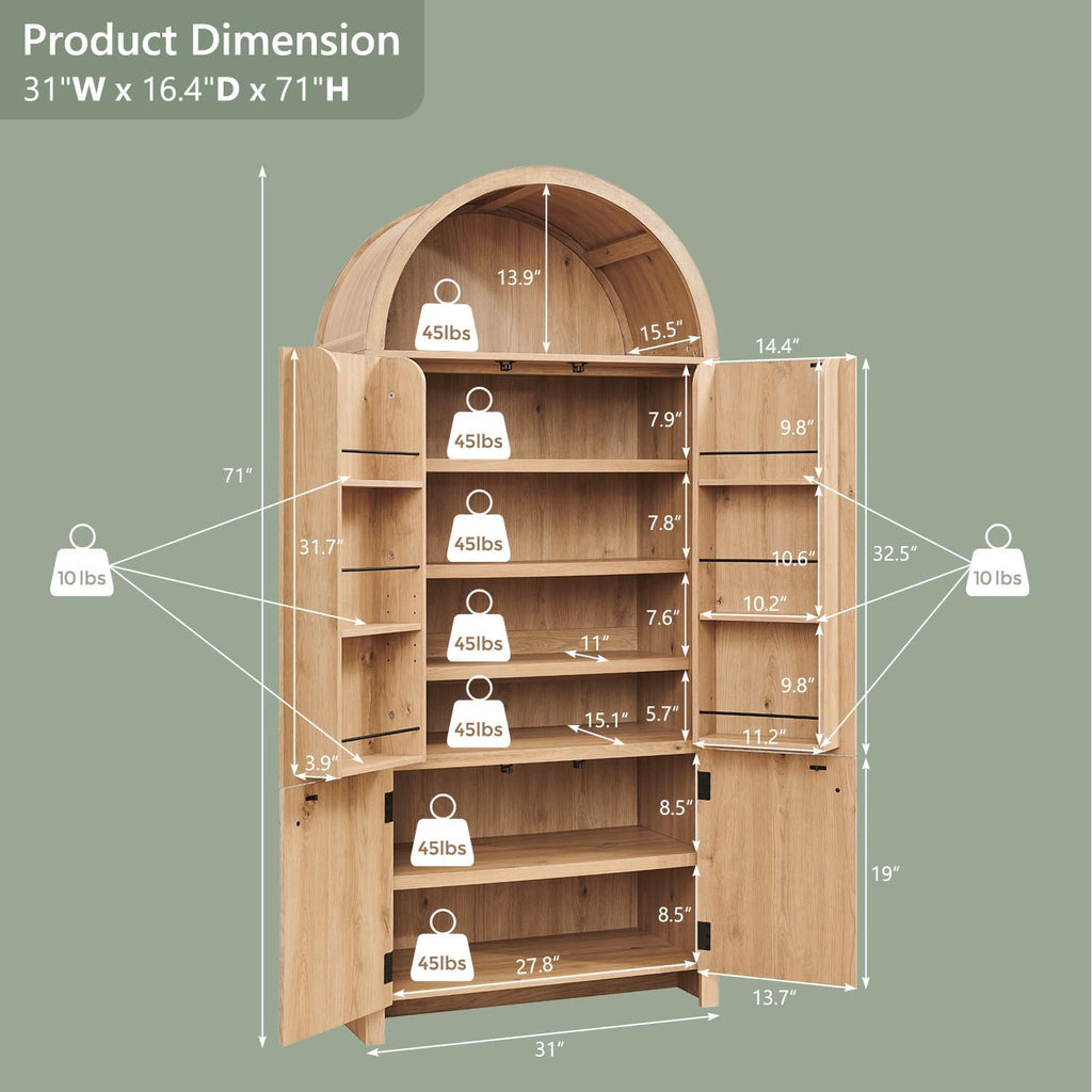 71‑Inch Arched Fluted Wooden Tall Pantry Storage Cabinet