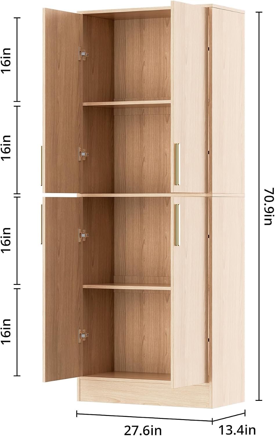 71‑Inch 4‑Door Oak Tall Pantry Storage Cabinet
