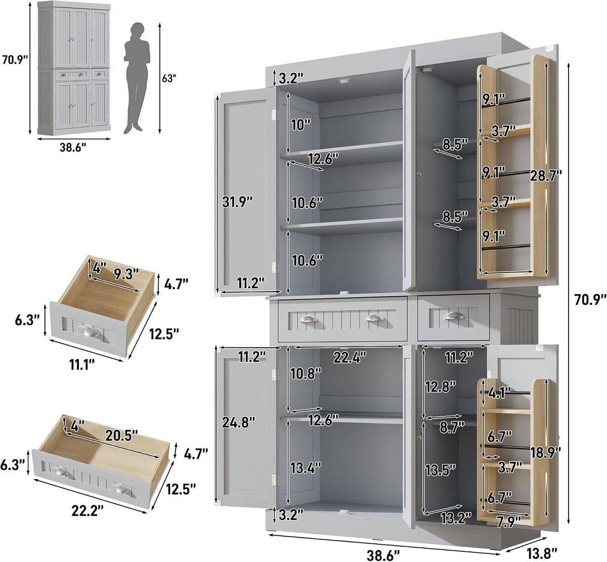 71‑Inch Modern Tall Kitchen Pantry Hutch Storage Cabinet
