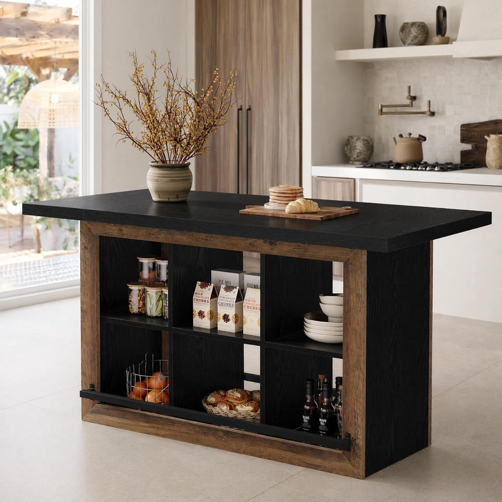 62.6‑Inch Farmhouse Kitchen Island with Storage Cubbies