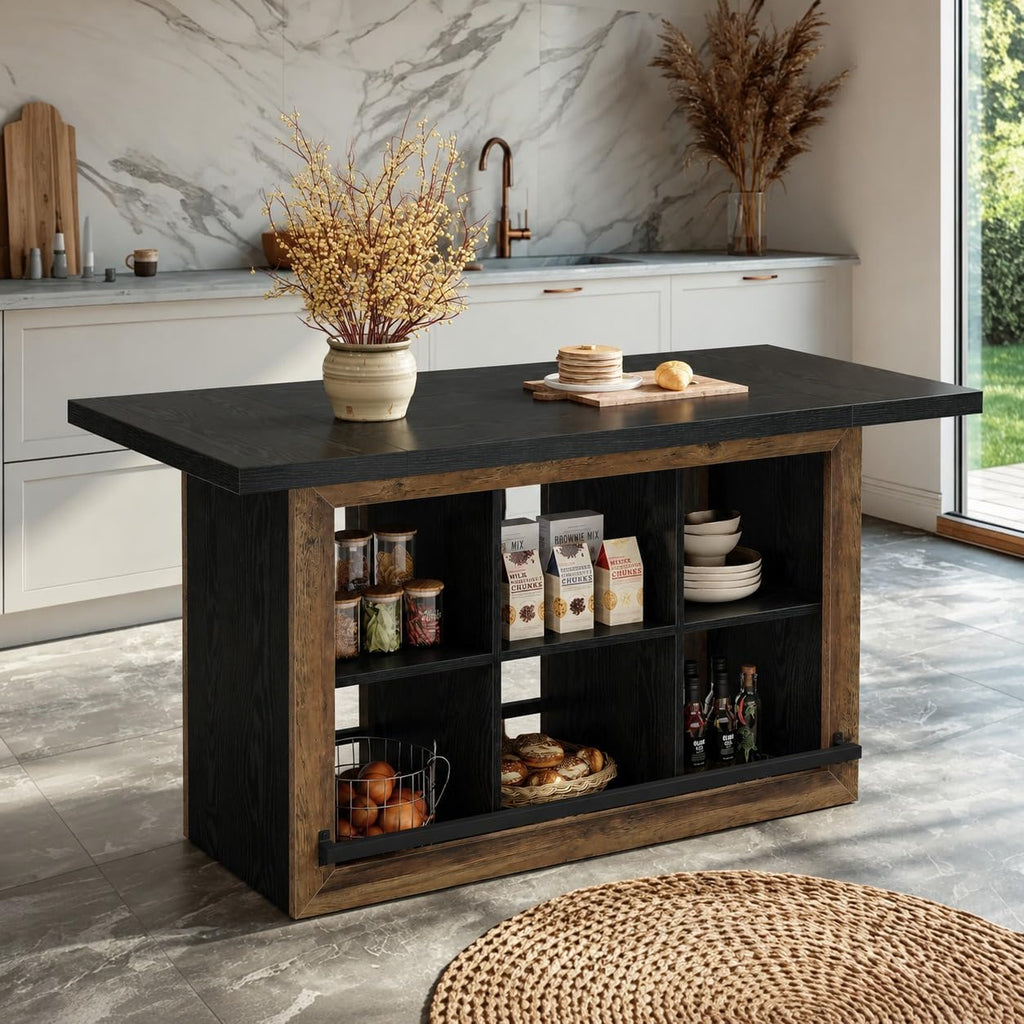 62.6‑Inch Farmhouse Kitchen Island with Storage Cubbies