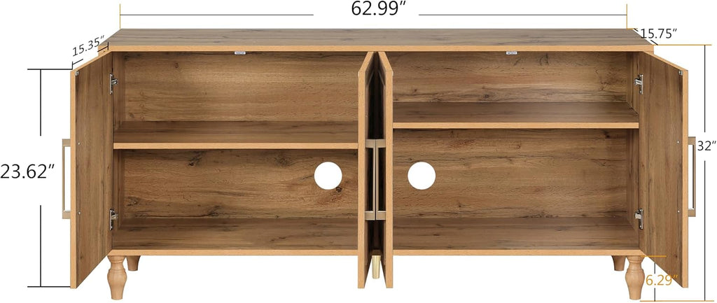 63‑Inch Vintage Carved Wooden Sideboard Buffet Credenza Cabinet