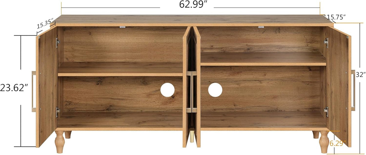 63‑Inch Vintage Carved Wooden Sideboard Buffet Credenza Cabinet