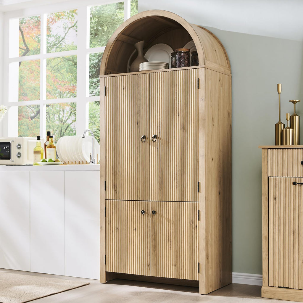 71‑Inch Arched Fluted Wooden Tall Pantry Storage Cabinet
