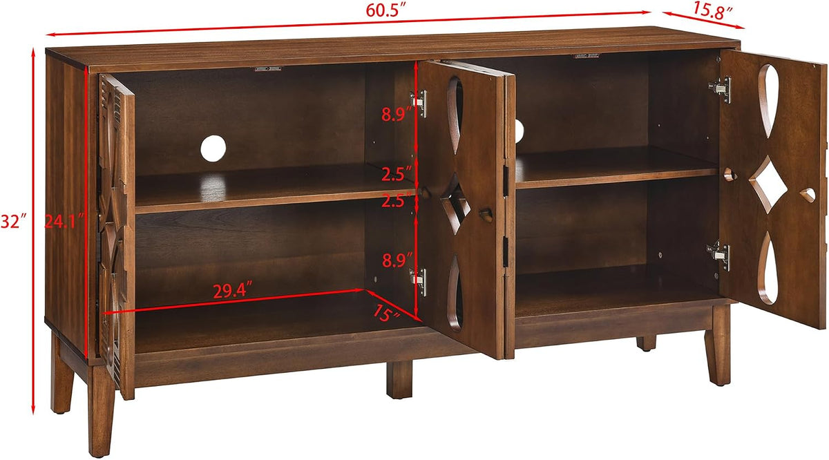 60‑Inch Mid‑Century Walnut Veneer Sideboard Buffet Cabinet