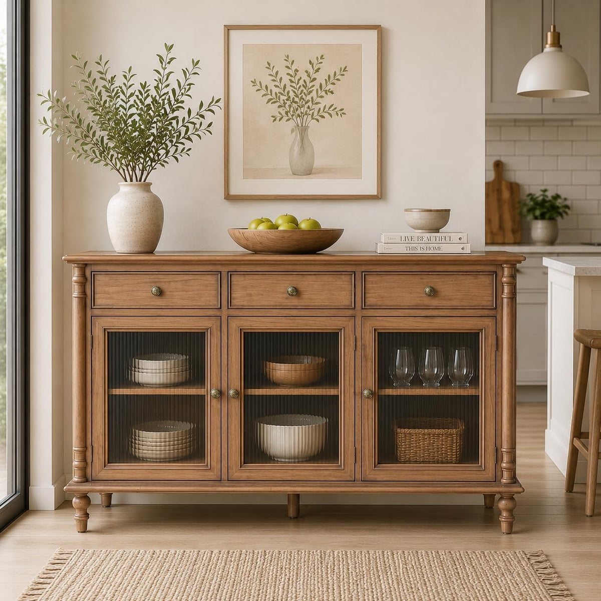 Vintage Glass‑Door Wooden Sideboard Buffet Cabinet