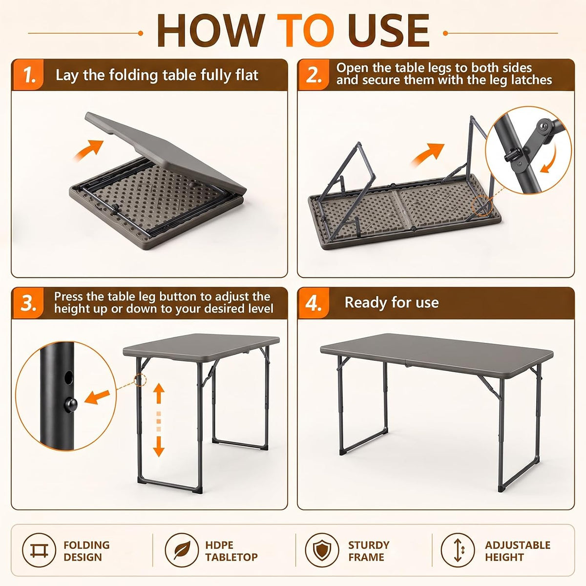 4FT Adjustable‑Height Fold‑in‑Half Portable Folding Table