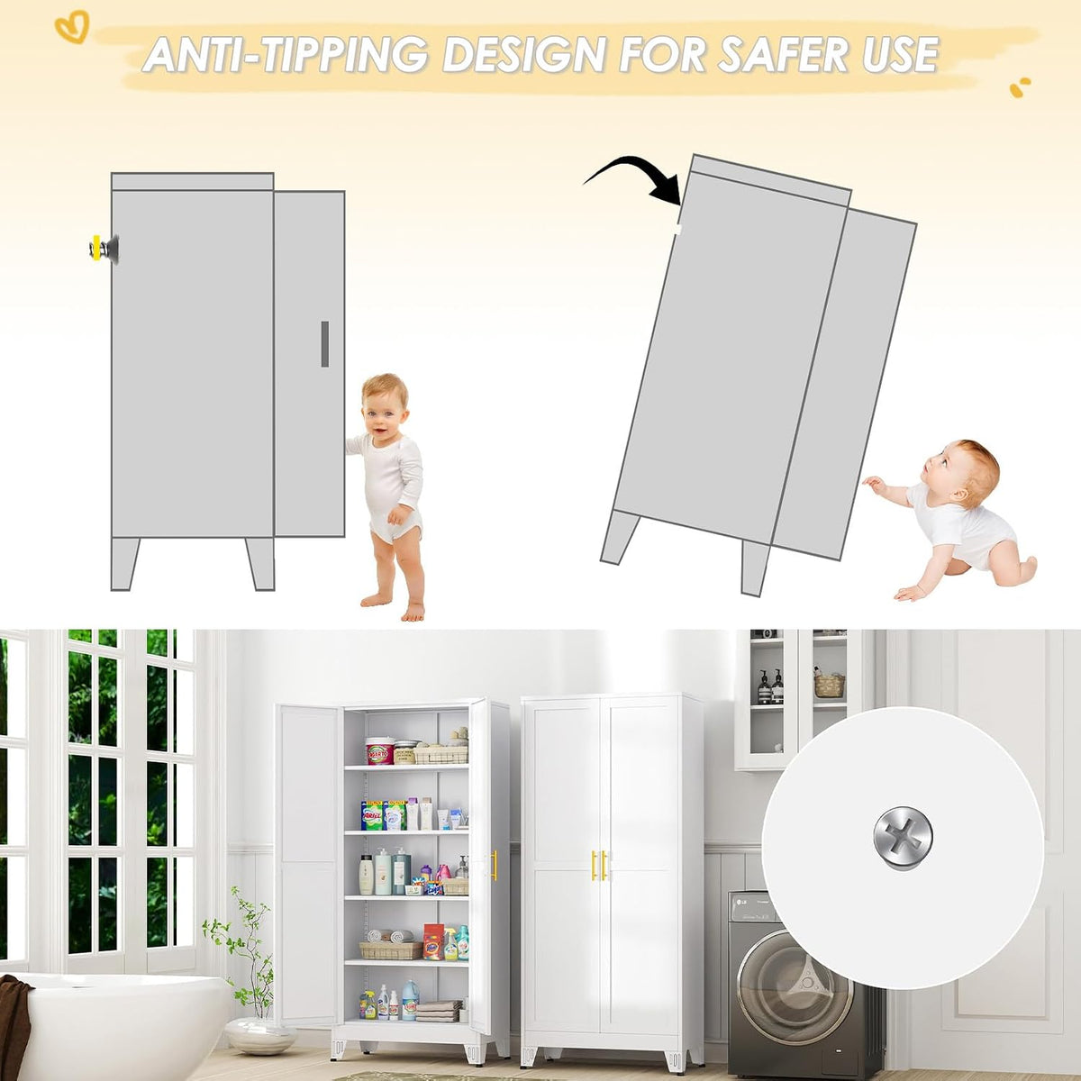 71‑Inch 2‑Door White Metal Tall Pantry Storage Cabinet