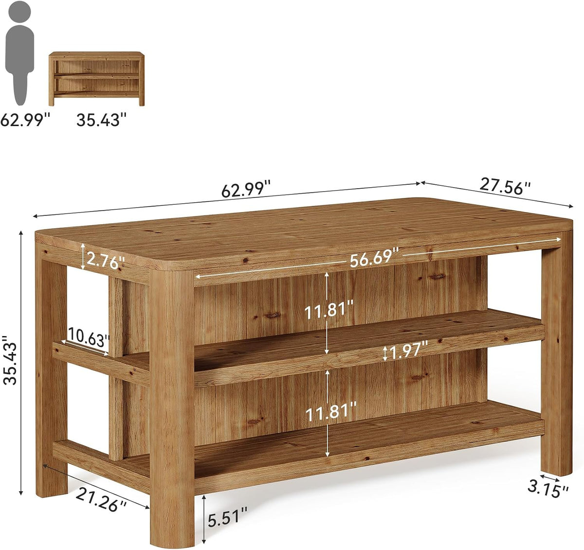 63‑Inch Farmhouse Solid Wood Kitchen Island with Storage