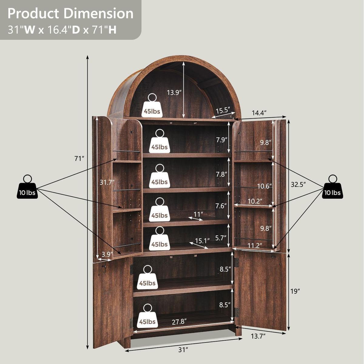 71‑Inch Arched Fluted Wooden Tall Pantry Cabinet