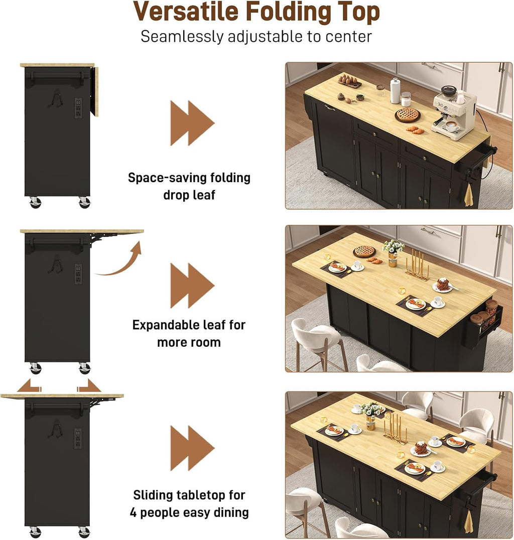 67‑Inch Rolling Kitchen Island Cart with Drop Leaf & Power Outlet