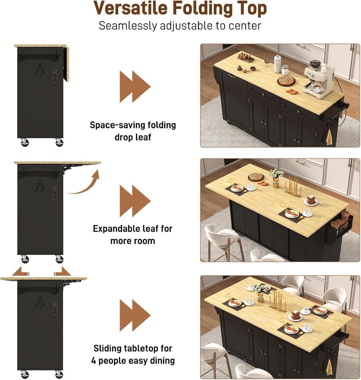 67‑Inch Rolling Kitchen Island Cart with Drop Leaf & Power Outlet
