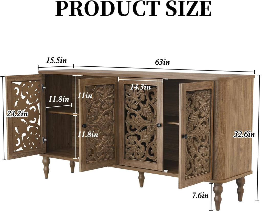 63‑Inch Retro Carved Arc Sideboard Buffet Cabinet