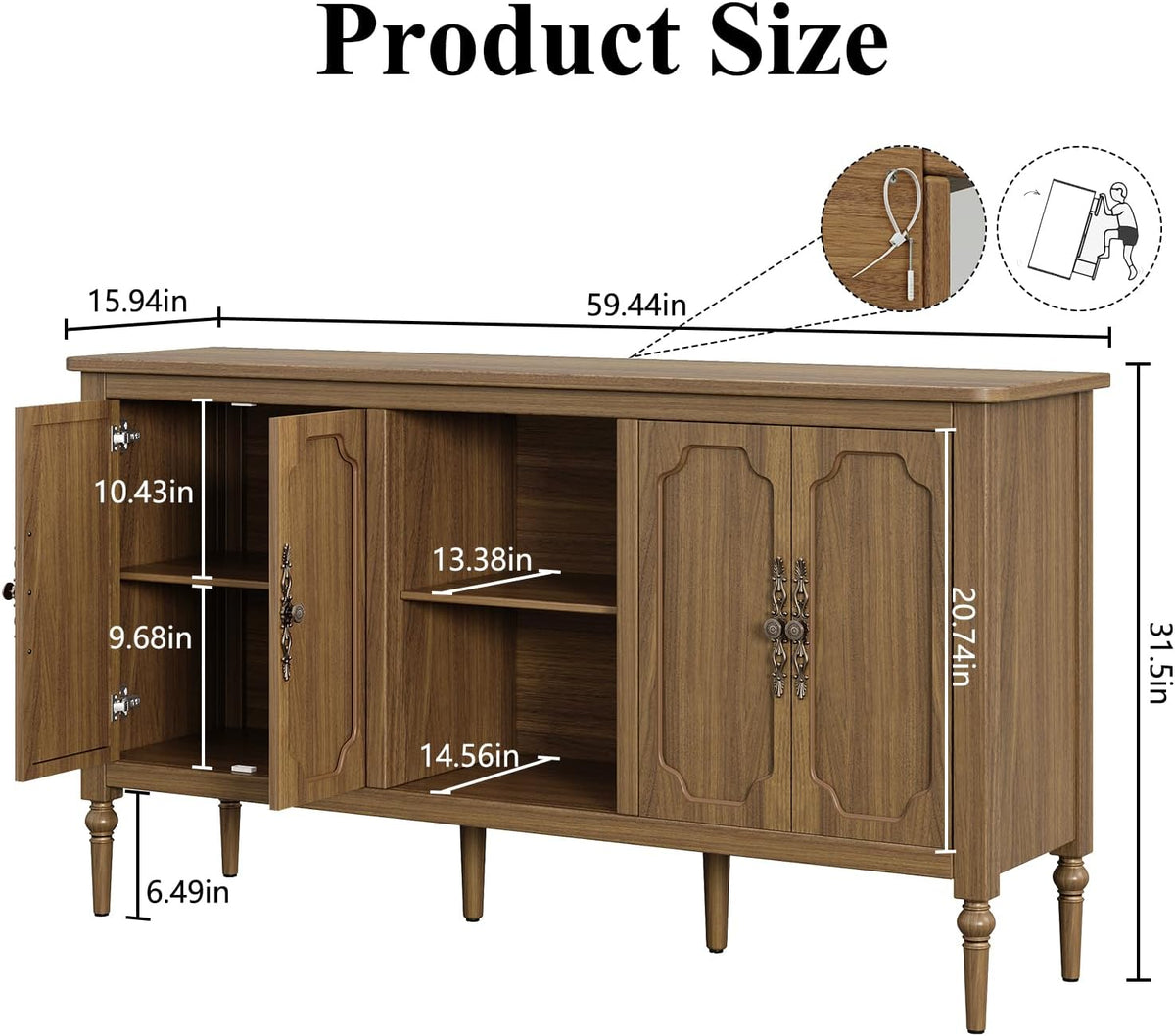 59‑Inch Vintage Mid‑Century Sideboard Buffet Cabinet