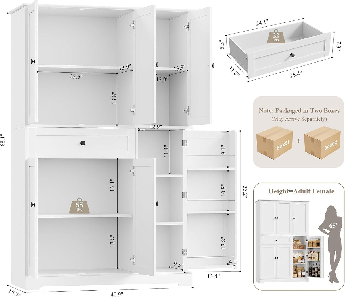 68‑Inch White Tall Kitchen Pantry Storage Cabinet