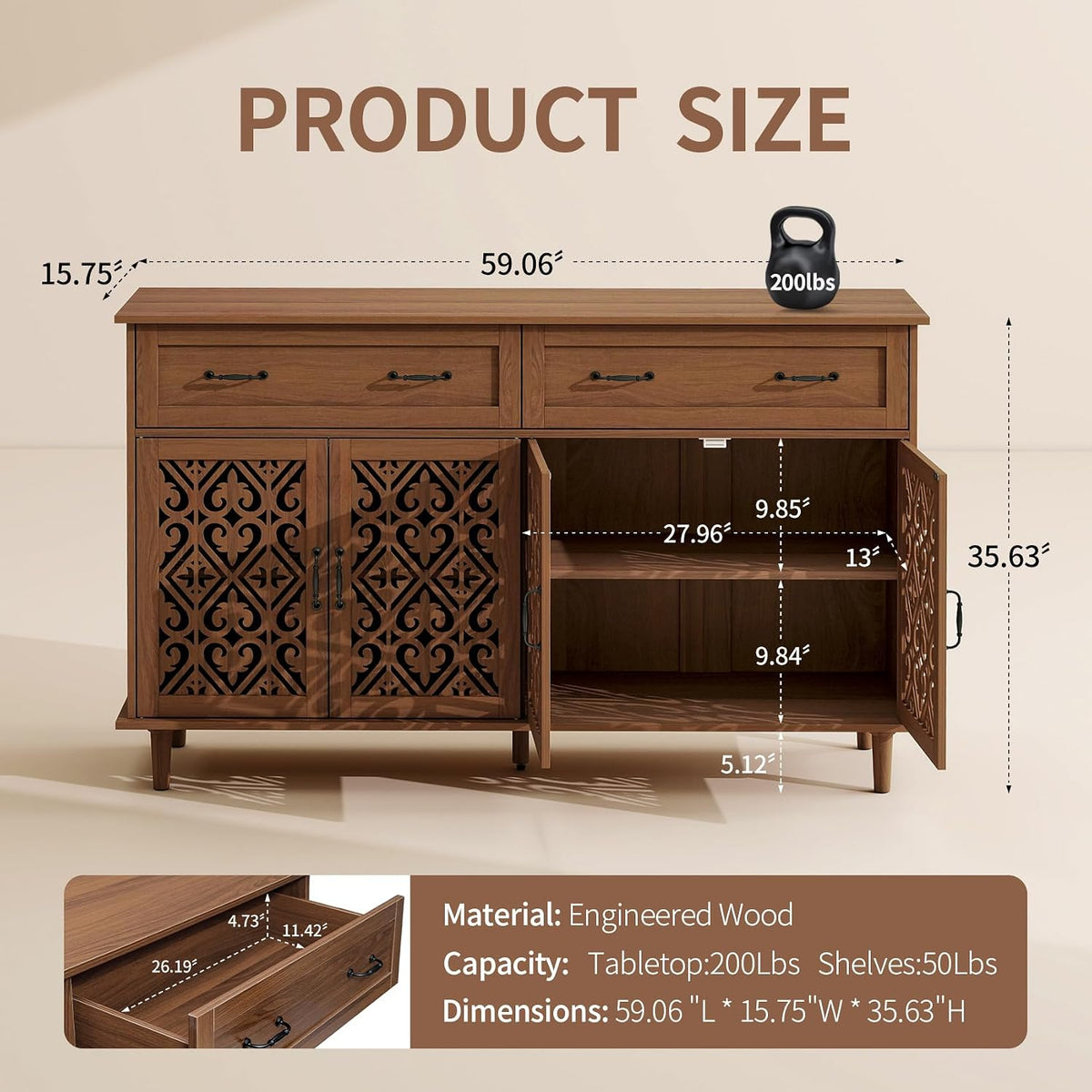 59‑Inch Vintage Carved Door Sideboard Buffet Cabinet