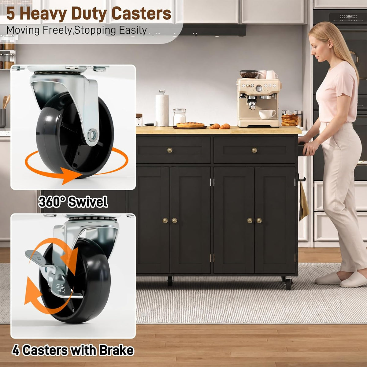 67‑Inch Rolling Kitchen Island Cart with Drop Leaf & Power Outlet