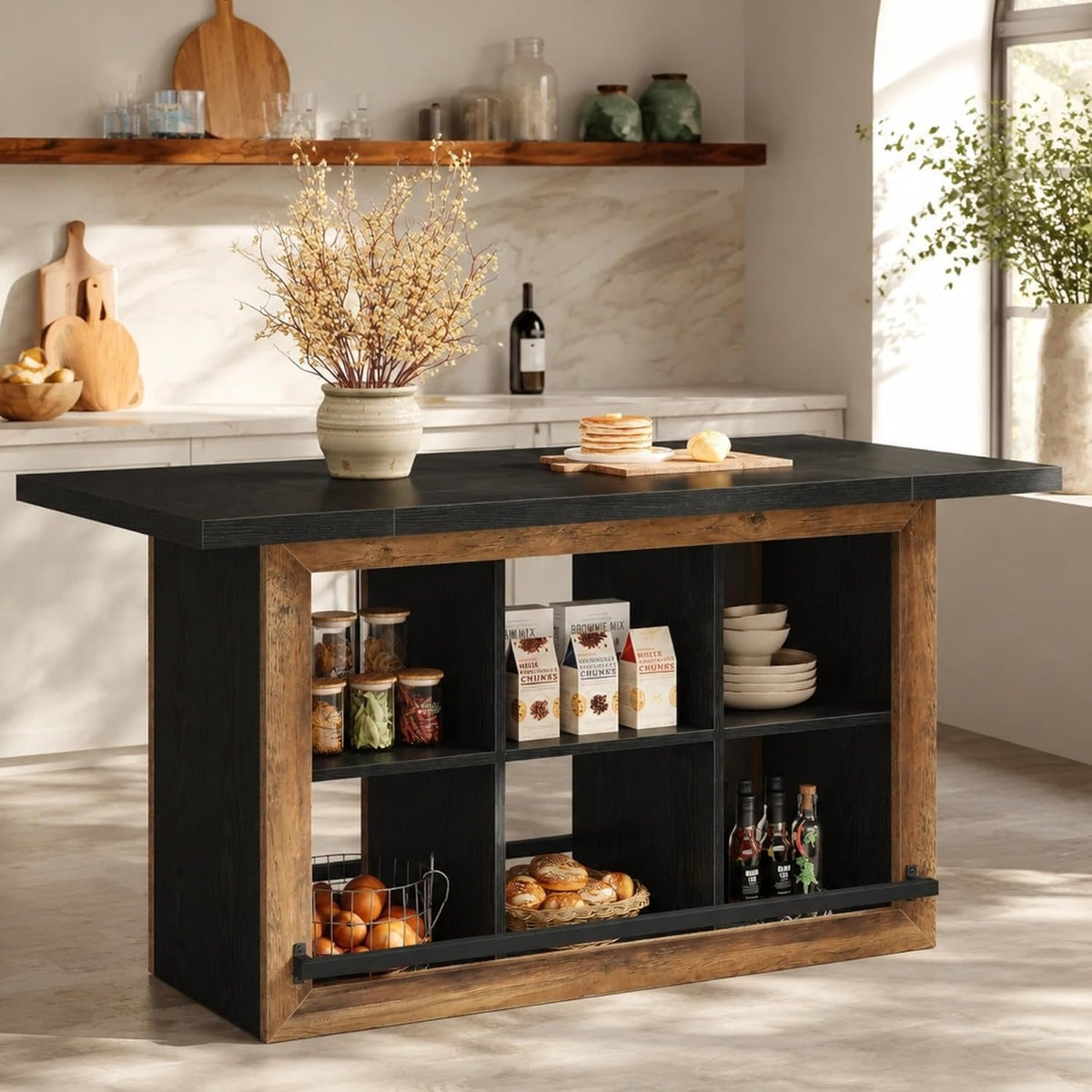 62.6‑Inch Farmhouse Kitchen Island with Storage Cubbies
