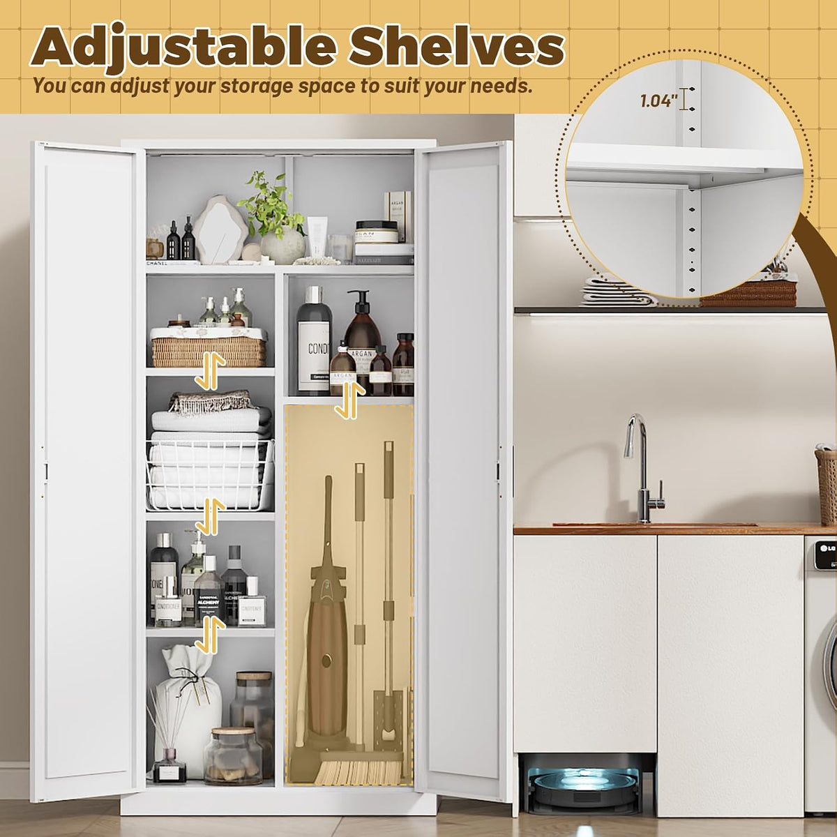 71‑Inch White Metal Tall Pantry Storage Cabinet