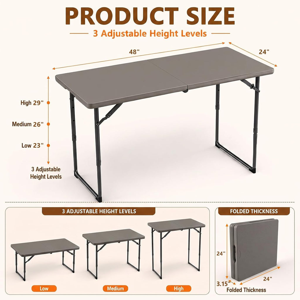 4FT Adjustable‑Height Fold‑in‑Half Portable Folding Table