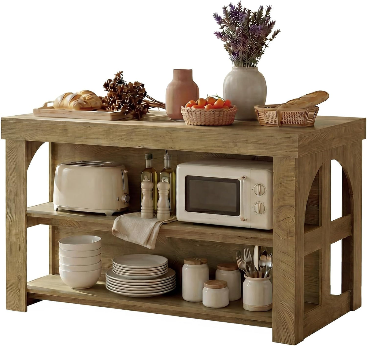 55‑Inch Farmhouse Wooden Kitchen Island with Storage