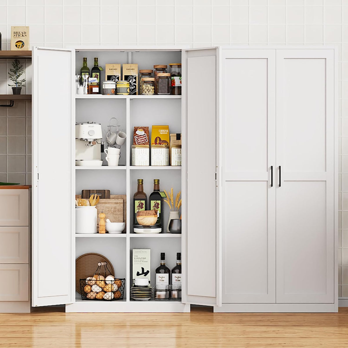71‑Inch White Metal Tall Pantry Storage Cabinet