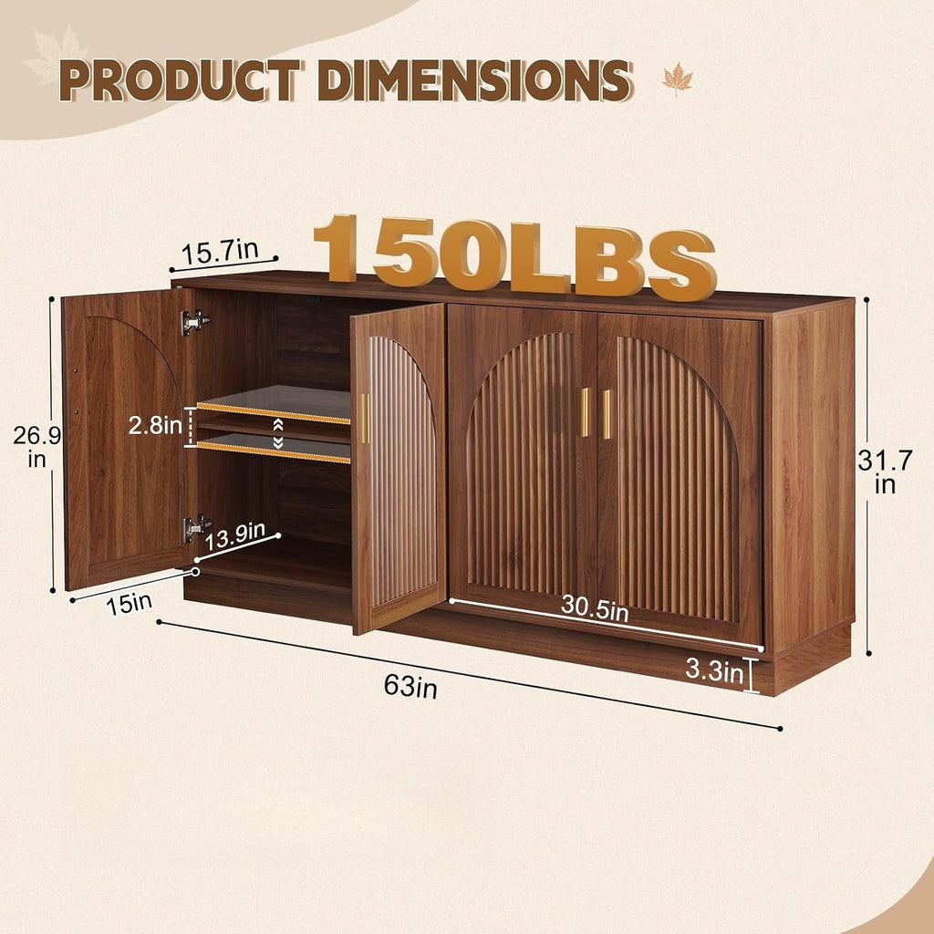 63‑Inch Fluted Arched Door Sideboard Buffet Cabinet