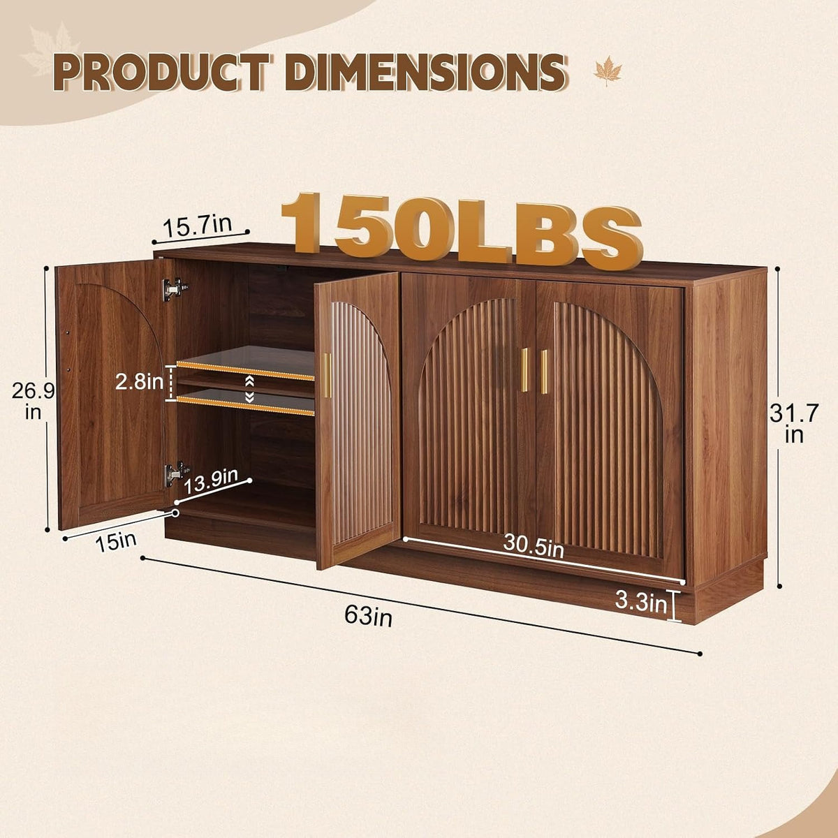63‑Inch Fluted Arched Door Sideboard Buffet Cabinet