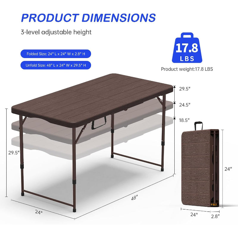 2‑Pack 4 FT  Adjustable Plastic Folding Table