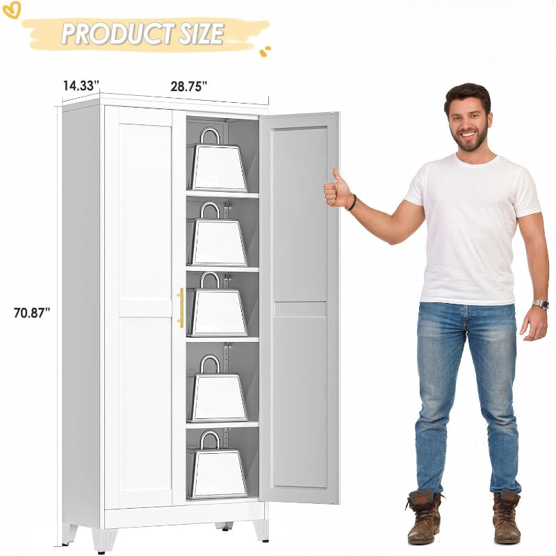 71‑Inch 2‑Door White Metal Tall Pantry Storage Cabinet