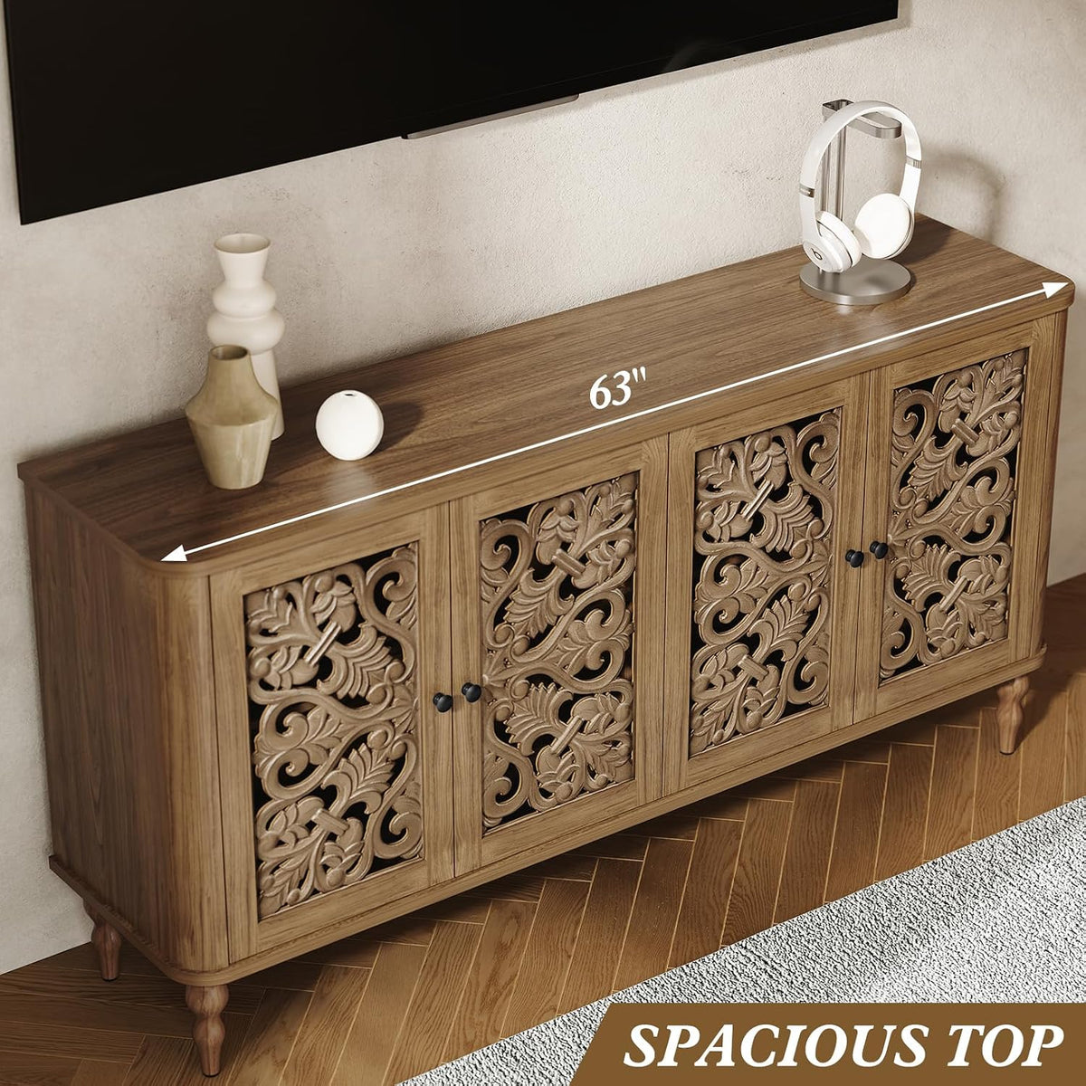 63‑Inch Retro Carved Arc Sideboard Buffet Cabinet