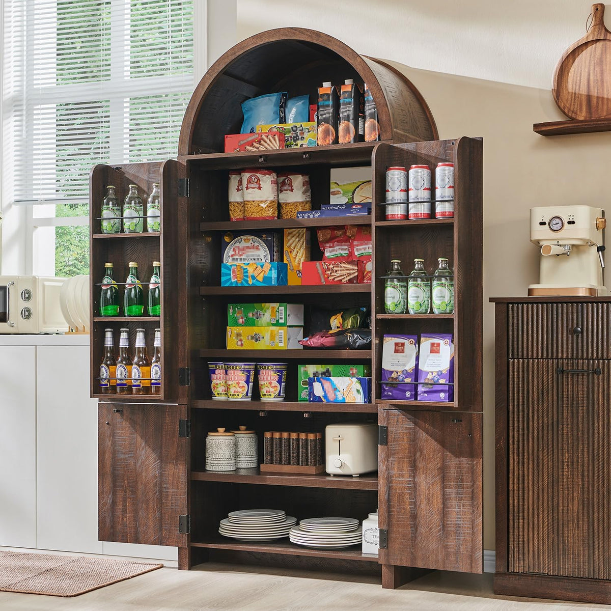 71‑Inch Arched Fluted Wooden Tall Pantry Cabinet