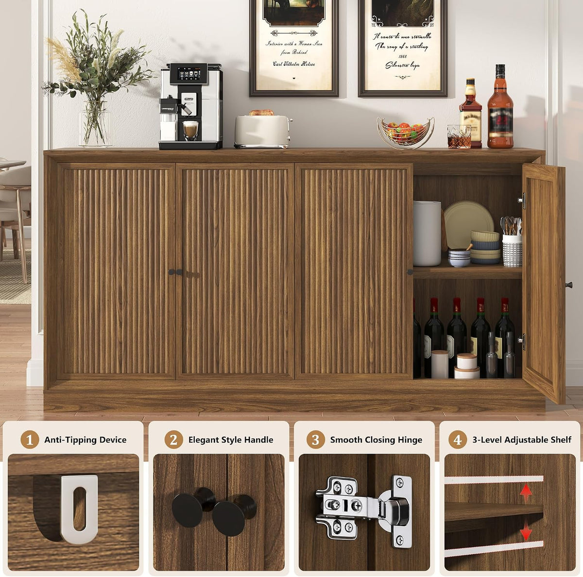 63‑Inch Fluted Wooden Sideboard Buffet Credenza Cabinet