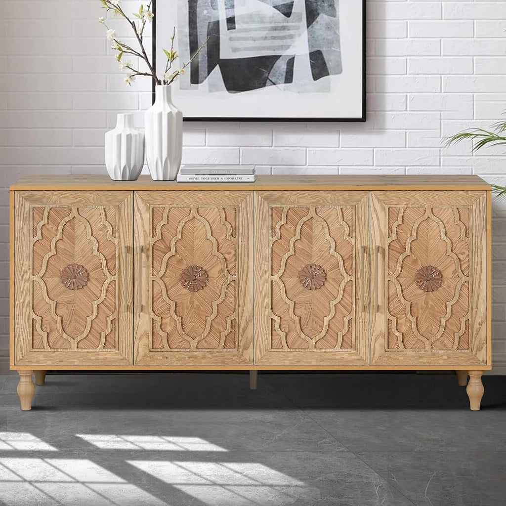 63‑Inch Vintage Carved Wooden Sideboard Buffet Credenza Cabinet