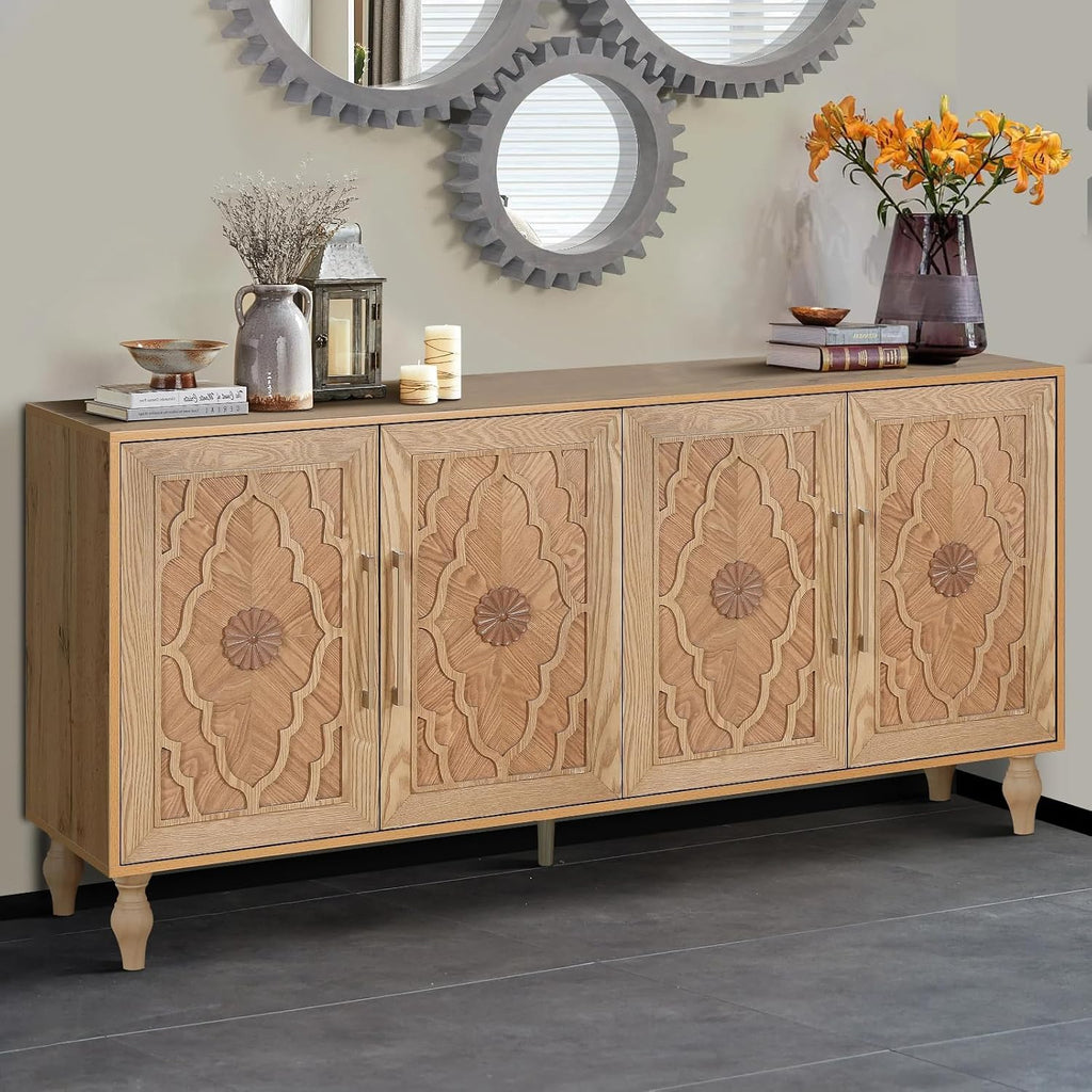 63‑Inch Vintage Carved Wooden Sideboard Buffet Credenza Cabinet
