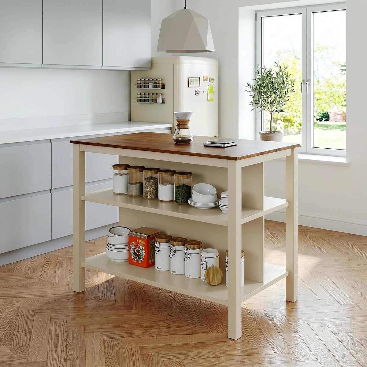 Walnut Solid Wood Farmhouse Kitchen Island with Storage Shelves