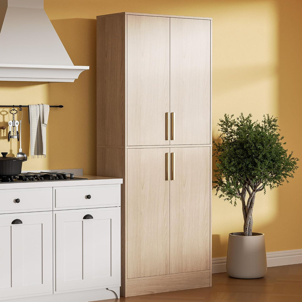71‑Inch 4‑Door Oak Tall Pantry Storage Cabinet