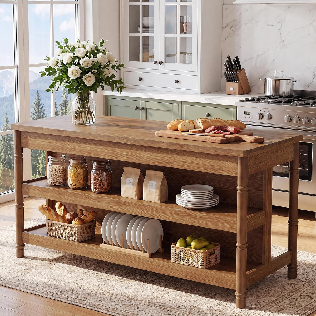 63‑Inch Farmhouse Solid Wood Kitchen Island with Storage