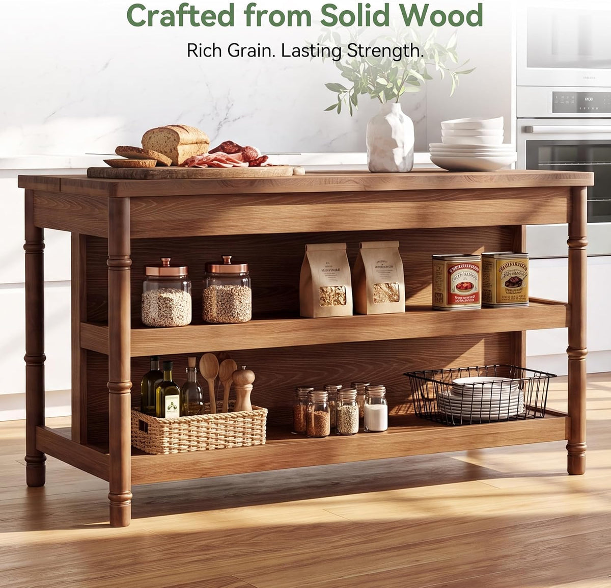 63‑Inch Farmhouse Solid Wood Kitchen Island with Storage