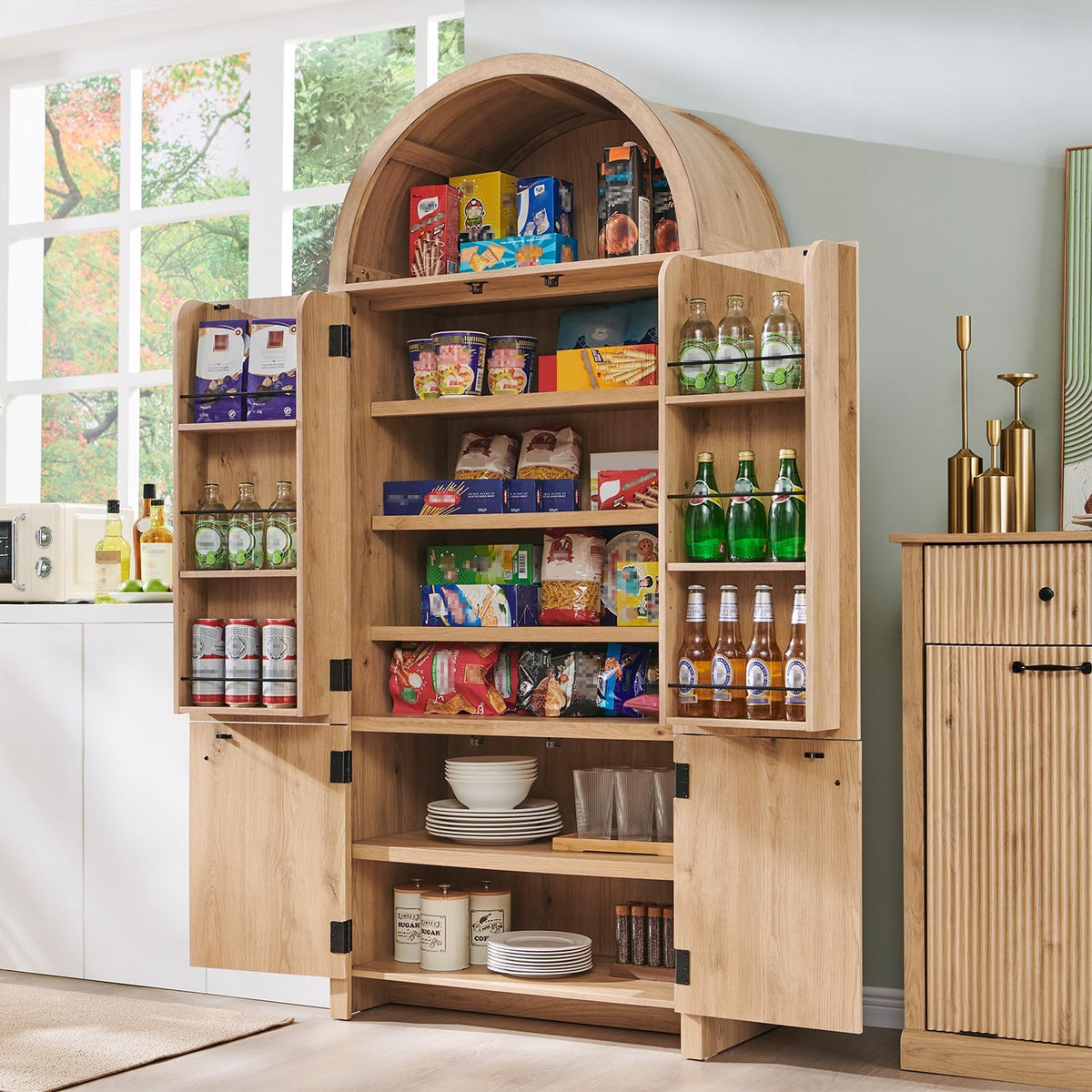 71‑Inch Arched Fluted Wooden Tall Pantry Storage Cabinet
