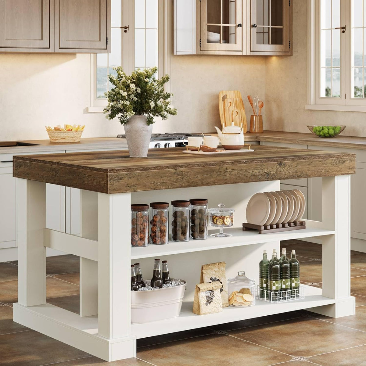 55‑Inch Modern Wooden Kitchen Island with Storage & Seating