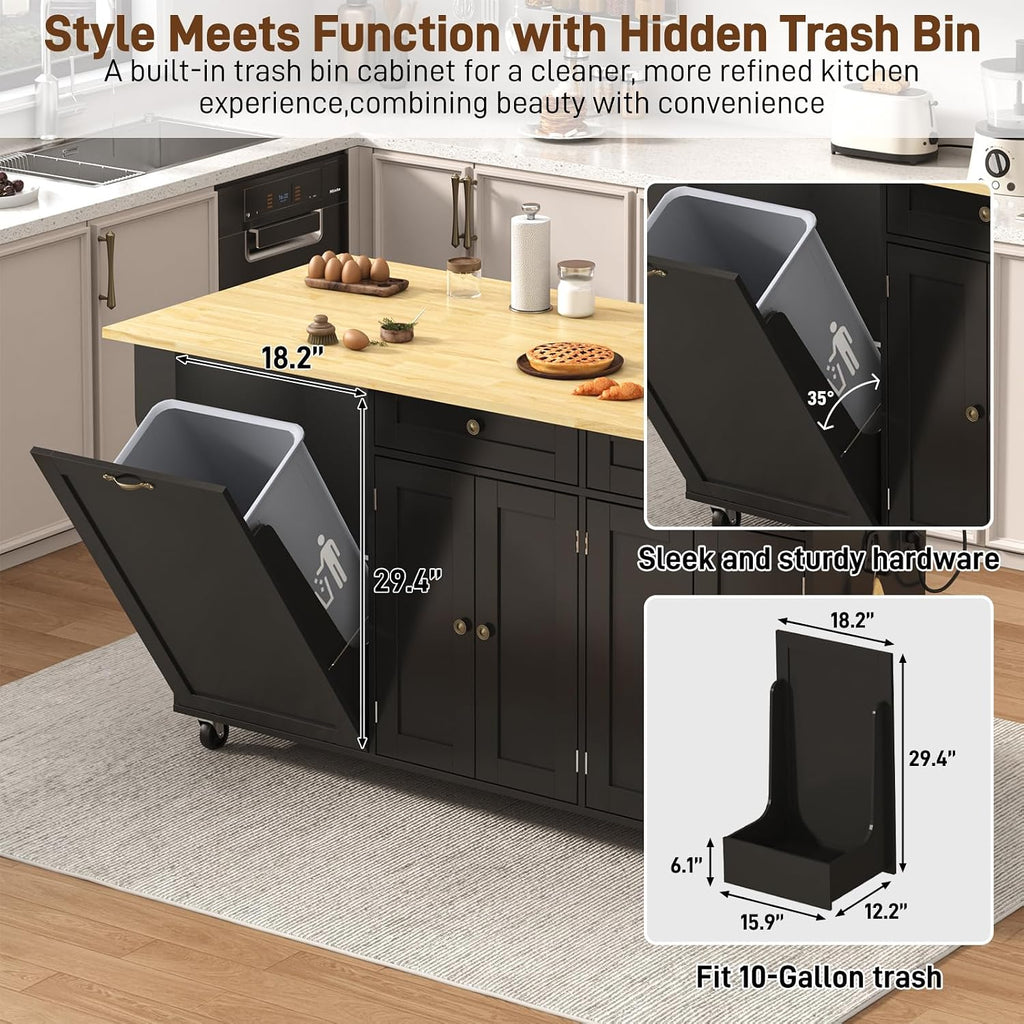 67‑Inch Rolling Kitchen Island Cart with Drop Leaf & Power Outlet