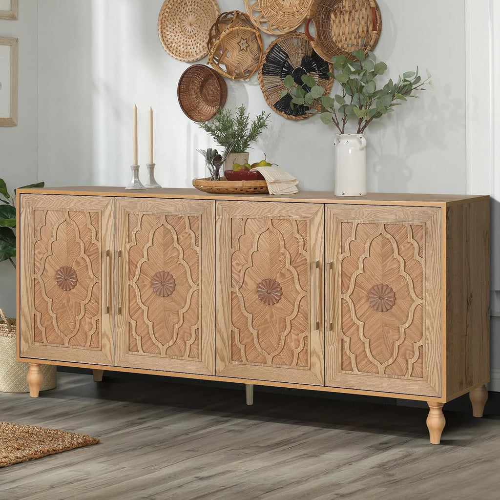 63‑Inch Vintage Carved Wooden Sideboard Buffet Credenza Cabinet