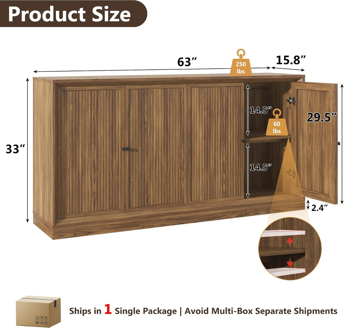 63‑Inch Fluted Wooden Sideboard Buffet Credenza Cabinet
