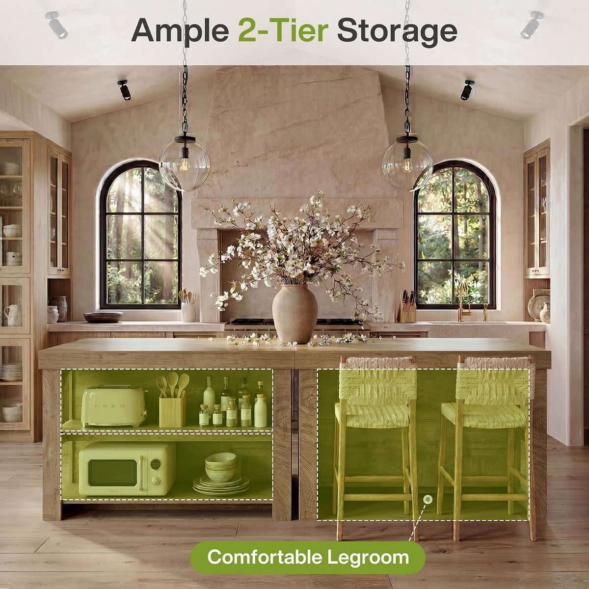 55‑Inch Farmhouse Wooden Kitchen Island with Storage
