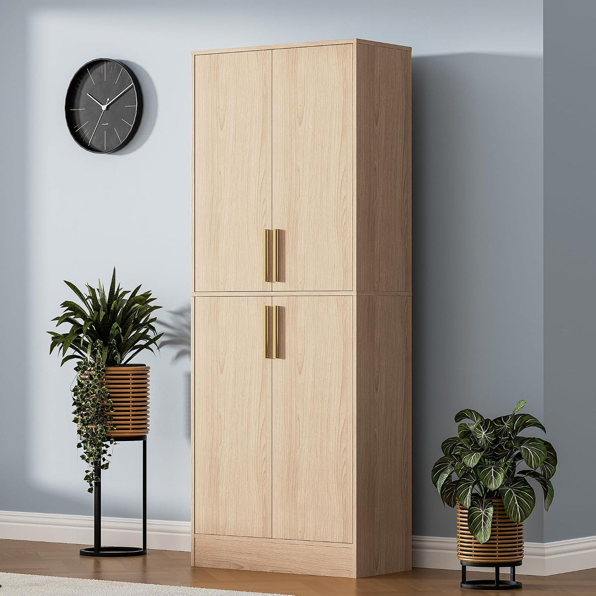 71‑Inch 4‑Door Oak Tall Pantry Storage Cabinet