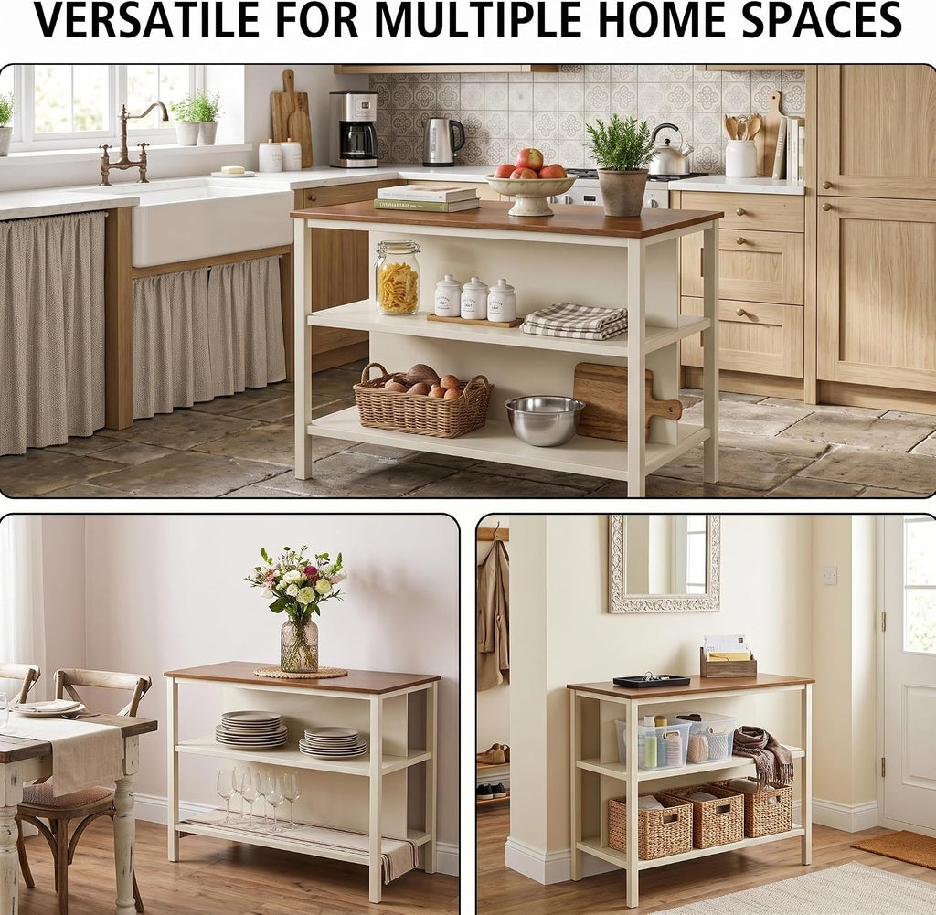 Walnut Solid Wood Farmhouse Kitchen Island with Storage Shelves